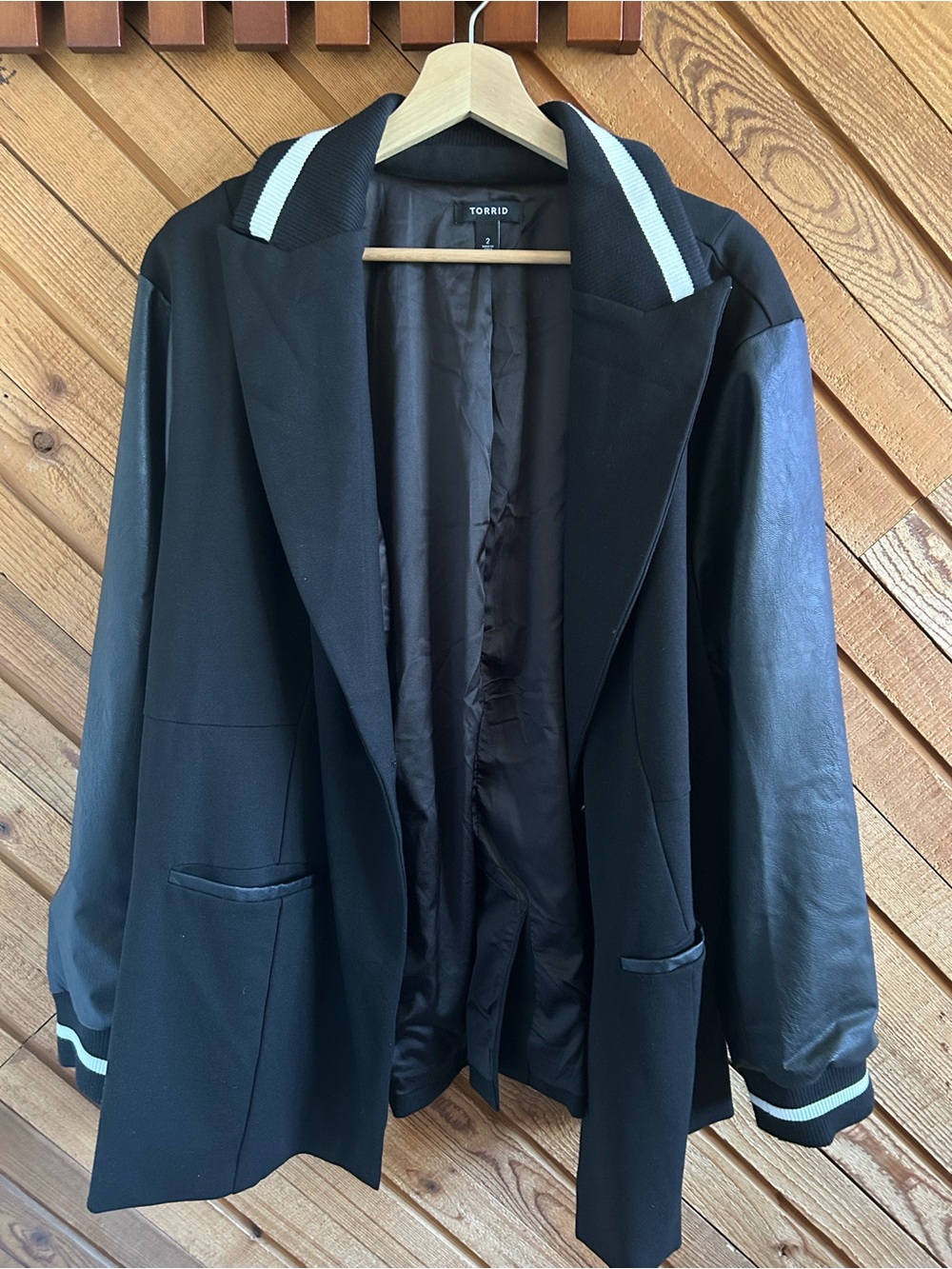 torrid Black Mixed-Media Bomber Blazer with Light Blue Trim - Picture 2 of 4